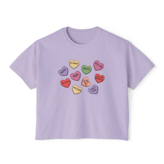 Funny Anti Valentine's Day Candy Hearts Boxy Cropped Tee, Funny Valentine's Cropped T-Shirt, Trendy Women's T-shirt