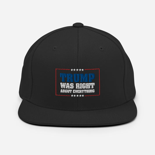Trump Was Righht About Everything, Embroidered Snapback Hat, Unisex Black